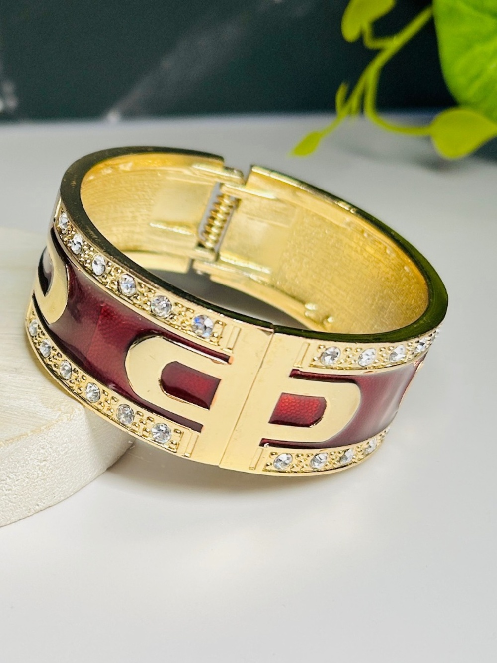 Elegant Deep Red Enamel Clear Rhinestone Gold Tone Hinged Clamper Bracelet